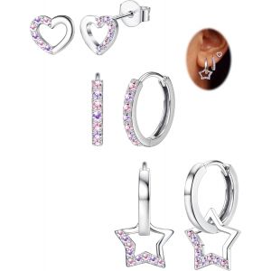 Kal-3 Paires Hypoallergéniques Boucles D'oreilles Femme Argent 925 Poteau Coeur Étoile Boucles D'oreilles Pour Femmes Enfants Fille Clou D'oreilles Creoles Pendantes Boucle D'oreille Femme Ensemble - Neuf