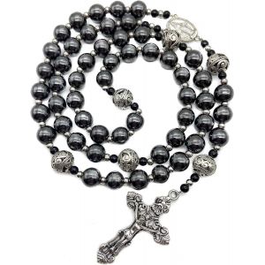 Kales-Store Hématite Chapelet Perles De Pierre Noire Collier En Métal Perlé Médaille Miraculeuse&chapelet En Croix Pour Hommes Et Femmes Ns - Neuf