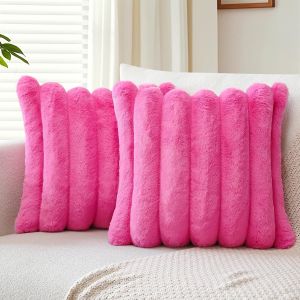 Cauc-Lot De 2 Housses De Coussin D&eacute;coratives En Velours Doux En Fourrure Synth&eacute;tique Pour Canap&eacute;, Chambre &Agrave; Coucher, Maison, Canap&eacute;, Voiture, Rose Chaud, 50 X 50 Cm - Neuf