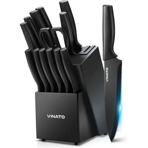 Mevronisshop-Couteau Cuisine, Couteau De Cuisine 14 Pièces Avec Aiguiseur, Set De Couteaux De Cuisine Professionnels, Couteaux De Cuisine En Acier Inoxydable Tranchants Avec Manche En Plastique - Neuf