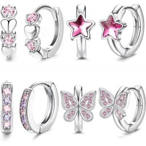 4paires Boucles D'oreilles Créoles Argent Pour Femme Fille Hypoallergénique Rose/Bleu C?ur Étoile Papillon Zirconium Huggie Boucles D'oreilles Créoles Ensemble Pour Enfants.[X619] - Neuf