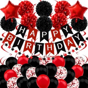 Décorations D'anniversaire Noires Et Rouges, Décorations De Joyeux Anniversaire Avec Bannière Pour Garçons, Filles, Hommes Et Femmes, Fournitures De Décoration De Fête D'anniversaire - Neuf