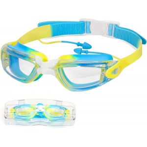 Letnerny-Lunettes De Natation Pour Enfants Avec Bouchons D'oreilles Siamois, Antibuée, Fuite Protection, Joints En Silicone, Vision À 180°Avec Étui, Pour Enfants Filles Garçons Jeunes (4-14 Ans), Ble - Neuf