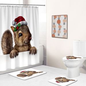 Ensemble de 4 No&euml;l &Eacute;cureuil Rideaux de Douche avec Slip Mat, Toilette d'un Couvercle et Tapis de Bain, &Eacute;cureuil de No&euml;l de No&euml;l Rideaux de Douche avec 12 Crochets, No&euml;l Rideau de Douche Sets de sall - Neuf