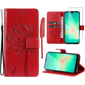 SJZG-- Coque Pour Samsung Galaxy A26 5G [1X Verre Tremp&eacute;] &Eacute;tuis Rabat Folio Protection Housse Cuir Pu Portefeuille Silicone [Fermeture Magn&eacute;tique][Emplacements Cartes][Stand Feature]-Rouge - Neuf