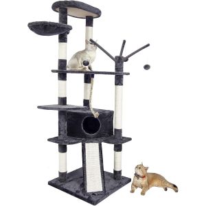Arbre &Agrave; Chat, Arbre A Chat Hauteur 167cm,Tour De Jeux Pour Chats Avec 4 Poteaux &Agrave; Griffer,2 Plateformes,1 Niche,1 Hamac,3 Pompons,1 Planche &Agrave; Griffer,En Tissu Peluche,Multi-Niveaux,Beige - Neuf