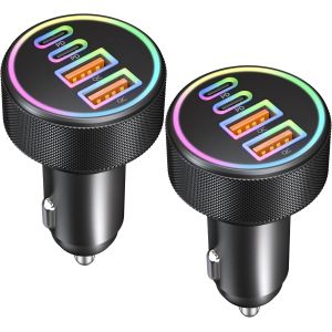 90W 2-Pack Chargeur Allume Cigare USB C, 4-Ports Double 45W USB-C et USB-A, PD/QC Prise 12V Rapide Chargeur Voiture pour iPhone 17 Air 16 15 14 13, Samsung Galaxy S25/S24, Google Pixel 9/8, Huawei - Neuf