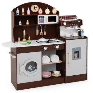 Lot de cuisine en bois pour enfants 106 x 30 x 105 cm avec machine &agrave; caf&eacute; et rangement organis&eacute; design marron Helloshop26 20_0011880 - Neuf
