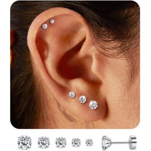 Meimie-5 Paires 316l Acier Inoxydable Cz Lot Boucles D'oreilles Femme Homme Cartilage Helix Boucles D'oreilles Piercing Ronde Cubique Zircone Boucle D'oreille À Vis À Billes Dos Plat Barbell - Neuf
