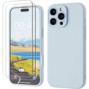 3 En 1 Iphone 16 Pro Max Coque Silicone Liquide 6.9""- Avec 2 Verre Tremp&eacute; - &Eacute;tui Protection Pr&eacute;cise De Cam&eacute;ra [R&eacute;sistant Aux Rayures] [Antid&eacute;rapant] Iphone 16 Pro Max Case, Bleu Ciel - Neuf