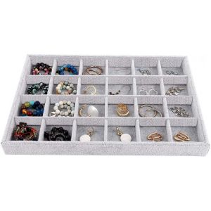 Kyaoayo-Organisateur De Bijoux, 24 Grilles Collier Pendentif Organisateur Pour Montre, Anneaux, Boucles D'oreilles, Bracelet, Affichage Vitrine Pour Bijoux Stockage En Velours - Gris - Neuf