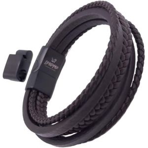 Kal-Bracelet Tressé En Cuir Véritable Noir Ou Marron,Bracelet Pour Homme Avec Fermeture Magnétique En Acier Inoxydable,19.5cm, Cuir Acier Inoxydable - Neuf