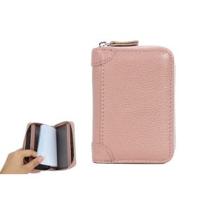 Portefeuille en cuir rose avec protection RFID, 20 emplacements pour cartes et fermeture &eacute;clair, format compact. - Neuf