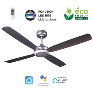 Fanelite - Ventilateur de plafond 132 cm gris QALITO - Moteur DC 30W - LED 20W dimmable 3 couleurs + RGB - Wifi - Silencieux - Neuf