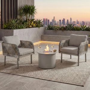 Ensemble En Polyrotin Hwc-P80, Salon De Jardin, Chaise, Table Chemin&eacute;e De Table Bio&eacute;thanol Fire Pit Aluminium Tissu 220 G/M&sup2;Cr&egrave;me-Beige - Neuf