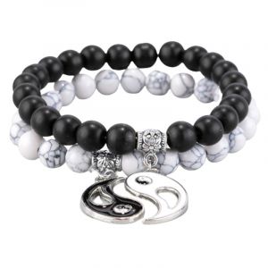 Bracelet Yin Yang Tai Chi En Perles De Pierre Naturelle Pour Couple, 2 Pi&egrave;ces - Neuf