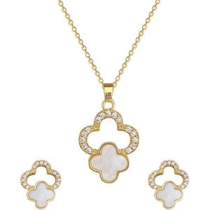 Cmjaagur-Parure Ensemble De Bijoux Femme Plaqu&eacute; Or 18k Acier Inoxydable Tr&egrave;fle &Agrave; Quatre Feuilles Pendentif Collier Boucles D Oreilles Set Vacances Mariage Soir&eacute;e Parure De Bijoux Des Zircon[M2490] - Neuf