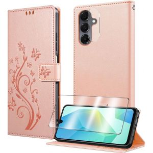 CAUC-Coque pour Samsung Galaxy A17 avec 1 Verre Tremp&eacute;,1 Protection Camera,&Eacute;tuis Rabat [Housse en Cuir PU][Fentes pour Cartes][Pochette de Portefeuille][Stand Feature]- Rose P&acirc;le - Neuf