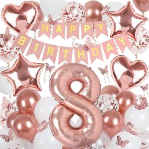 SJZG-D&eacute;coration 8E Anniversaire Fille Or Rose Ballon 8E Anniversaire Guirlande Et Papillons D&eacute;coration Or Rose 8 Ans Fille D&eacute;coration Cadeau - Neuf