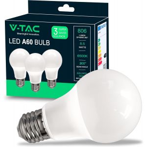 Sjzg-3x Ampoules Led E27 8,5w (&Eacute;quivalent 60w) A60-806 Lumen - 6500k Blanc Froid - Ouverture Du Faisceau Lumineux 200&deg; - Ampoule Led Efficacit&eacute; Maximale Et &Eacute;conomie D'&eacute;nergie - (Lot De 3) - Neuf
