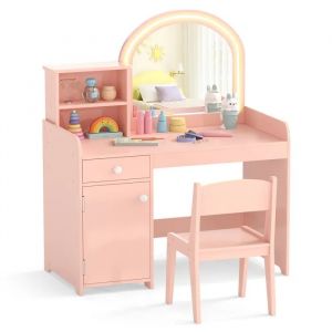 COSTWAY Coiffeuse 2 en 1 avec Chaise pour Enfants - Miroir et 120 Lumi&egrave;res LED, 2 &Eacute;tag&egrave;res et Tiroir Porte - Neuf