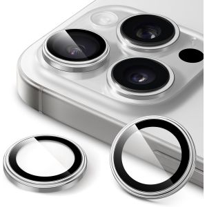 JGD-Protecteur d'Objectif de Cam&eacute;ra pour iPhone 16 Pro 6,3 Pouces et iPhone 16 Pro Max 6,9 Pouces, Verre Tremp&eacute; 9H Anneau Individuel en M&eacute;tal Housse, HD Transparent, 1 S&eacute;rie (Titane Blanc) - Neuf