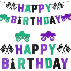 Chicslick-Banni&egrave;re D'anniversaire Verte Et Violette, Pr&eacute;-Enfil&eacute;e D&eacute;coration Flashy &Agrave; Suspendre Pour Voiture De Course Pour Gar&ccedil;ons Et Enfants[X707] - Neuf