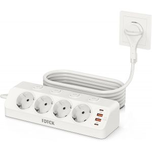 Prise d'angle avec Interrupteur, PD 20W Multiprise avec Fiche Plate 4 Prises avec 2 USB C+2 USB A, Prise de Table Protection Contre Les Surtensions avec Rallonge de 2M pour Maison et Bureau - Neuf