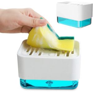 KAL-Distributeur De Savon Avec Support Éponge, Distributeur De Savon Pompe Avec Une Main Pour Évier De Cuisine (Blanc) - Neuf