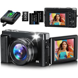 LETNERNY-Appareil Photo Numérique Compact 4K 48Mp Autofocus Avec Carte Mémoire 32G Zoom Numérique 16X, Caméra De Vlogging Avec Écran De 3"" À 180° Et Station De Charge Pour Adolescents, Débutants (Noi - Neuf