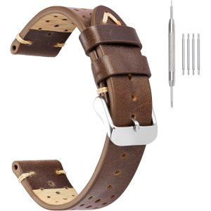 Bracelet Montre 20mm, Bracelet Montre Cuir De Style Rallye Avec Perçage Manuelle, Bracelets De Montres Pour Homme/Femme - Neuf