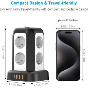 JEXNOVASHOP-Multiprise Parafoudre avec 8 Prises, 3 USB-A&1 USB-C, Tour Multiprise avec Interrupteur, Secteur avec Rallonge Electrique 1.8M, Prise Multiple pour Bureau et Maison - Neuf