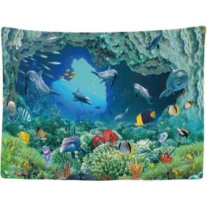 Kalanka-Tapisserie Murale D&eacute;corative Chambre - Dauphin Poisson Aquarium Plantes Corail Mer - 200 X 150 Cm Grand Papier Peint Tissu Tapestry Aesthetic Wall - D&eacute;coration Panoramique - Neuf