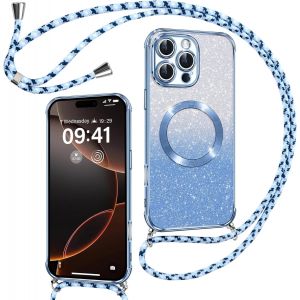 TRAHOO-Couqe Magn&eacute;tique pour iPhone 16 Pro Con Cordon, Compatible avec MagSafe, Brillant Glitter Paillet&eacute; Antichoc Durable R&eacute;sistante Etui Housse pour iPhone 16 Pro Bumper, Bleu - Neuf