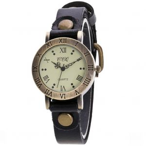 Montre A Quartz Ccq Pour Femme, Style Retro Punk, Cadran A Chiffres Romains, Bracelet En Alliage Pu (Noir) - Neuf