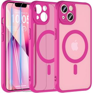 Maa-Magnétique Coque Pour Iphone 13 Avec 2 Verre Trempé, Compatible Avec Magsafe, Protection Antichoc Coque Etui Mat Arrière Housse Case Pour Iphone 13 6.1"" (Rose) - Neuf