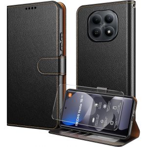 KALANKA-Coque pour Xiaomi Redmi Note 15 4G / 5G avec 1 * Verre Tremp&eacute;,[RFID Blocage][Emplacements Cartes][Multifonctionnel] Magn&eacute;tique &agrave; Rabat Flip Case - Noir - Neuf
