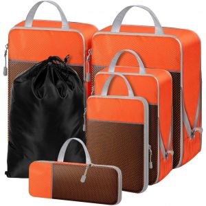 Lot De 6 Cubes D'Emballage De Compression Pour Val , Sac Essentiel Avec Maille Extensible, Organ Urs De Voyage Accessoires, Fermeture &Eacute;clair, Organ Ur Multifonction, Orange - Neuf