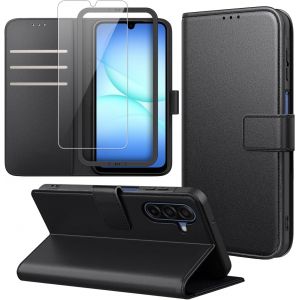 KALANKA-Coque Portefeuille Compatible avec Samsung Galaxy A17 4G/ 5G avec 1 Pi&egrave;ce Protection &Eacute;cran en Verre Tremp&eacute; et 1 Pi&egrave;ce Outil D'installation Simple, PU Cuir Housse, Support &Eacute;tui - Noir - Neuf