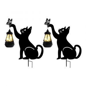 Lot De 2 Lampes Solaires &Agrave; Piquer En Forme De Chat Pour La D&eacute;coration Ext&eacute;rieure De Jardin, Terrasse, Pelouse Et All&eacute;e. - Neuf