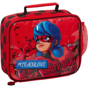 KAL-Sac À Déjeuner Isotherme Pour Filles - Rouge Avec Pois - Boîte À Lunch Isotherme Avec Porte-Boisson - Sac À Déjeuner Avec Paillettes Mobiles - Neuf