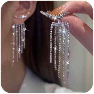Kal-Strass Lustre Boucles D'oreilles Cristal Oreille Grimpeur Boucles D'oreilles Longue Chaîne De Tennis Boucles D'oreilles Argent Cz Tennis Chaîne Gland Boucles D'oreilles Bijoux Pour Femmes - Neuf