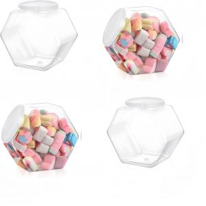 KAL-Pots De Bonbons En Plastique Avec Couvercles, 4 Pièces Boîtes De Bonbons Hexagonaux, En Plastique, Avec Couvercle Récipient Pour Aliments À Grande Bouche, Récipient Pour Aliments Réutilisables - Neuf