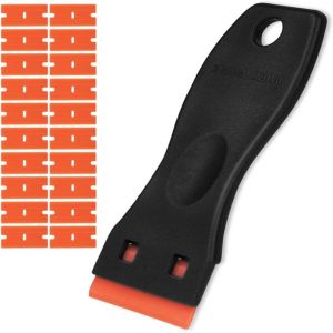 (Noir Orange) Grattoir, Grattoir Vitre avec 100 Pièce Lames de Rechange, Grattoir Plaque Vitrocéramique pour Élimination de L'adhésif, Peinture, Décalcomanies des Portes Vitres Fenêtres - Neuf