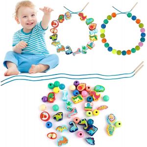 Jeu D'Enfilage de Perles Jouet Set,41 Pi&egrave;ces Multicolore Jouet Montessori Enfiler En Bois Enfant,S&ucirc;r et Durable Animal Perles En Bois Jouet pour Gar&ccedil;Ons Filles 3-5 Ans - Neuf