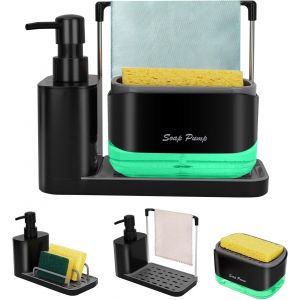 ERYI-Distributeur De Savon De Cuisine Avec Support D'Éponge Et Support De Torchon, Ensemble Distributeur De Savon Pour Les Mains Et La Vaisselle 3-En-1, Pour L'Organisation De L'Évier De Cuisine,Noir - Neuf