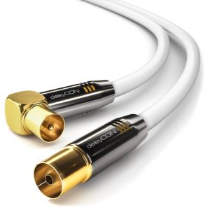 3,0m Câble D'antenne Coaxial - Prise TV 90° Coudée vers Femelle Droit - HDTV Radio DVB-T2 Full HD - Connecteur Métallique - Blanc - Neuf