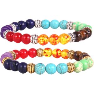 Kal-Bracelet 7 Chakras, 2 Pi&egrave;ces Chakra Bracelet En Pierre Naturelle Reiki Charme, Bracelet Naturelles Pierres De Lave, Yoga Bracelets &Eacute;lastique, Fait Main Bijoux Femme Homme - Neuf