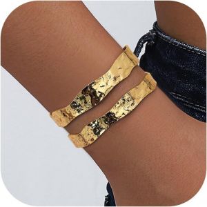 Kalanka-Bracelet Manchette Jonc Plaqué Or 18 Carats Pour Femmes Bracelets Manchette En Forme De Goutte D`Eau Martelé Bracelets Larges Réglables Bracelet De Irrégulière Bracelet Manchette En Or - Neuf