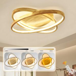Liux-Led Plafonnier,Plafonnier En Bois,2 Anneaux Rond Ø52cm / 50w,Dimmable Avec Télécommande,Lampe De Salon Décorative Moderne,Lampe Ovale Mince De Chambre À Coucher,Plafonnier Bois Acrylique - Neuf